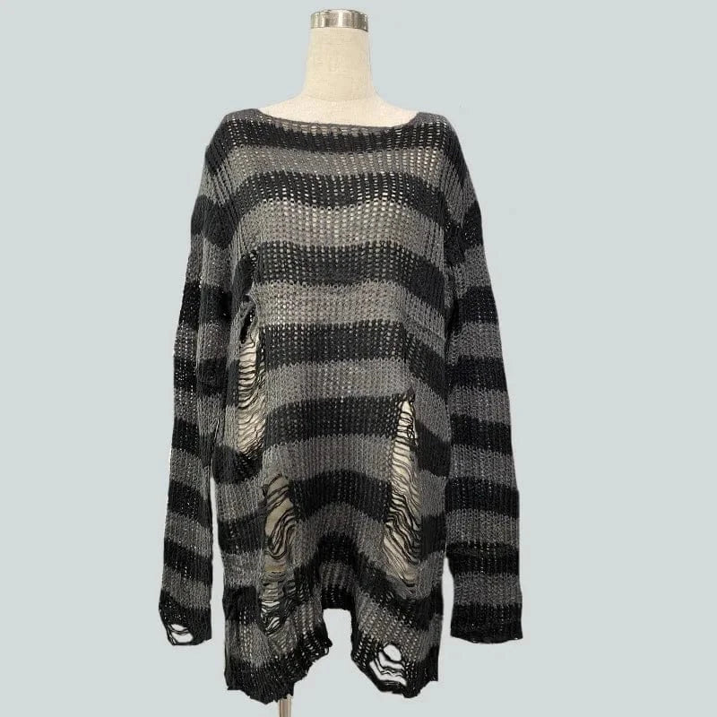 Gray / One Size 90s Goth Punk Women Street Fashion Stripe Loose Gothic Knitted Ripped Distressed Design Jumper Oversized Pullovers Top Sweater
