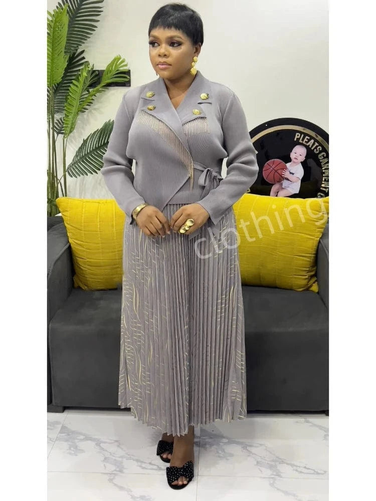 Gray / One Size EGRM Elegant Banquet Pleated A-line Dress Suit Collar Mid To Long Style Waist Cinching Slimming Women Folds Skirt 2025 New 6G598