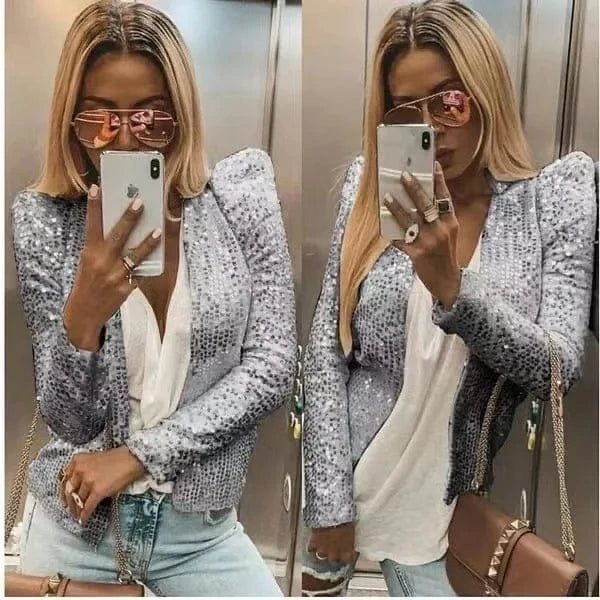 GRAY / S Gold Purple Shiny Sequins Round Neck Cardigan Jacket Women Fashion Short Coat Silver Blue Nothing Red Outerwear Female Overcoat