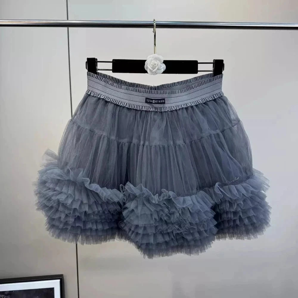 GRAY / S VGH Patchwork Tierred Mesh Ball Gown for Women High Waist Spliced Elastic Solid Sweet Fashion Style Mini Skirts Female Clothes