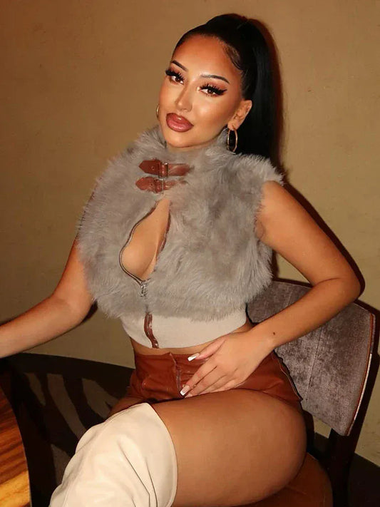 GRAY / S Weird Puss Sexy Furry Tank Tops Women Autumn Trend Patchwork Zip Metal Leather Buckle Slim Hottie Wild Street Clubwear Waistcoat