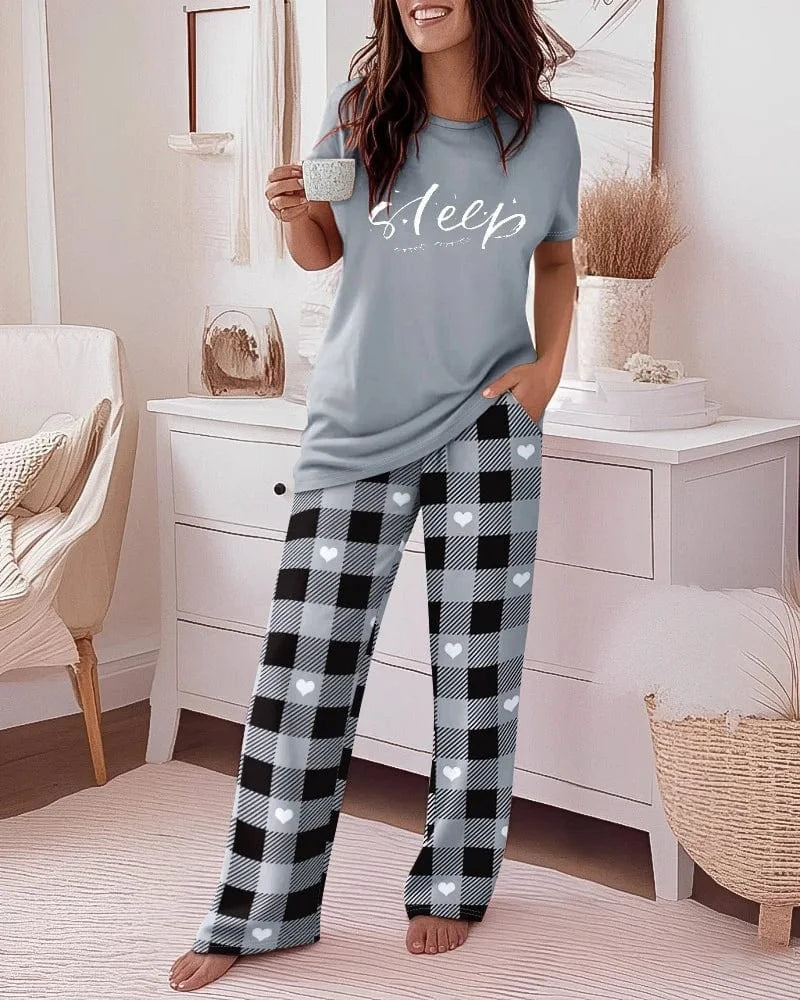 Gray / S Women 2 Pieces Outfit Cute Letter Print Short Sleeve T-shirt and Plaid Pants Set Loungewear Fashion Casual