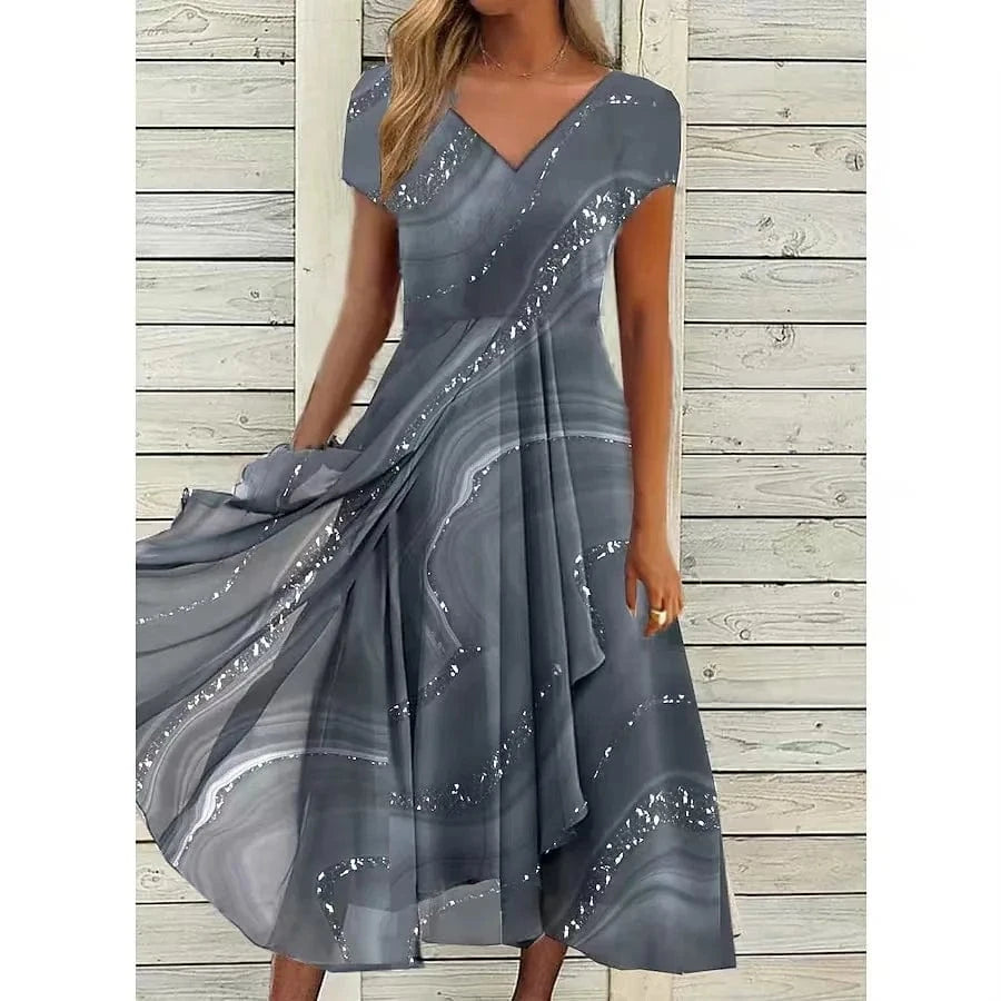 Gray / S Women Summer New Dress Casual Fashion Chiffon Splicing Short Sleeve V Neck High Waist Dress