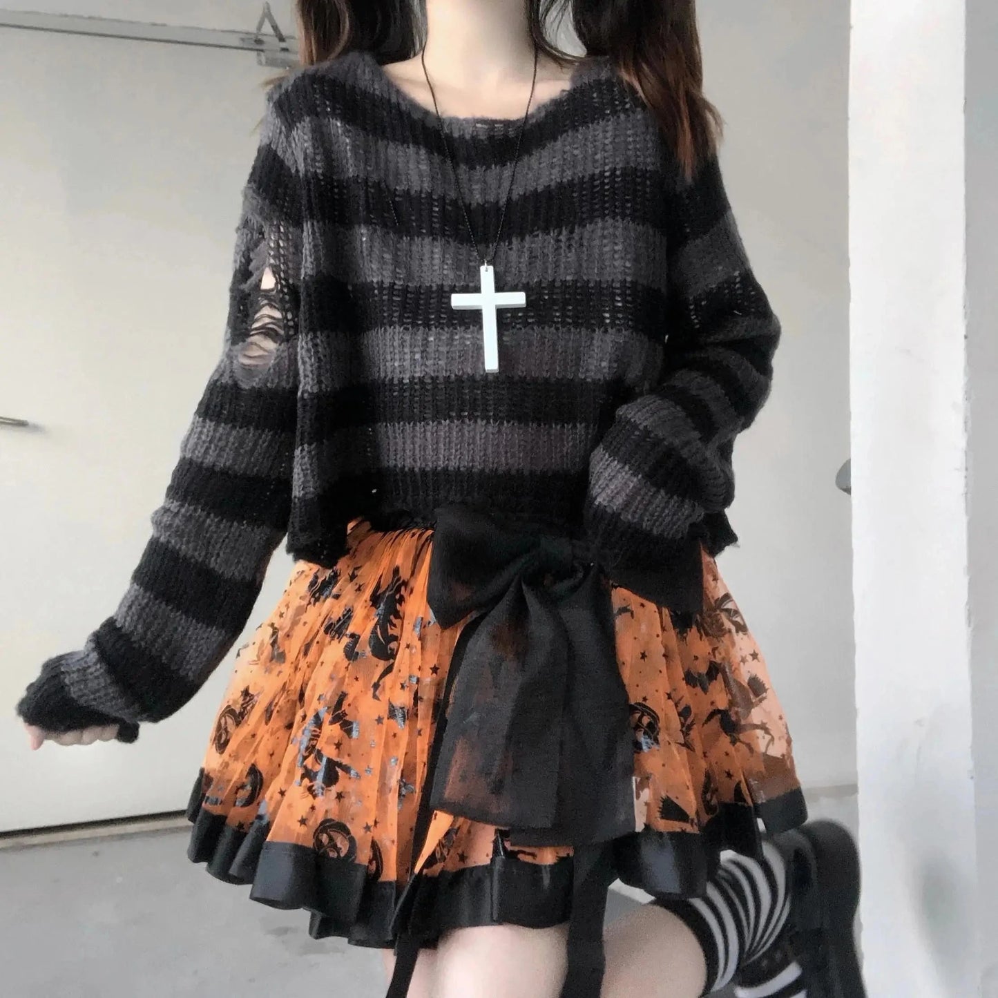 Gray short / Only Sweater Karrram Punk Gothic Sweater Emo Tops E-girls Mall Goth Pullovers Y2k Harajuku Grunge Clothes Alt Dark Aesthetic Striped Jumpers
