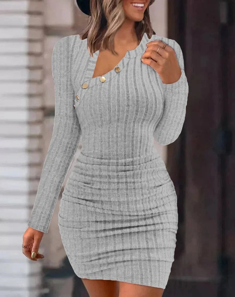 GRAY / XL Button Crewneck Bodycon Dresses for Women Solid Color Ribbed Mini Wrap Dress Slim Fit Ruched Knitted Sweaters Dress