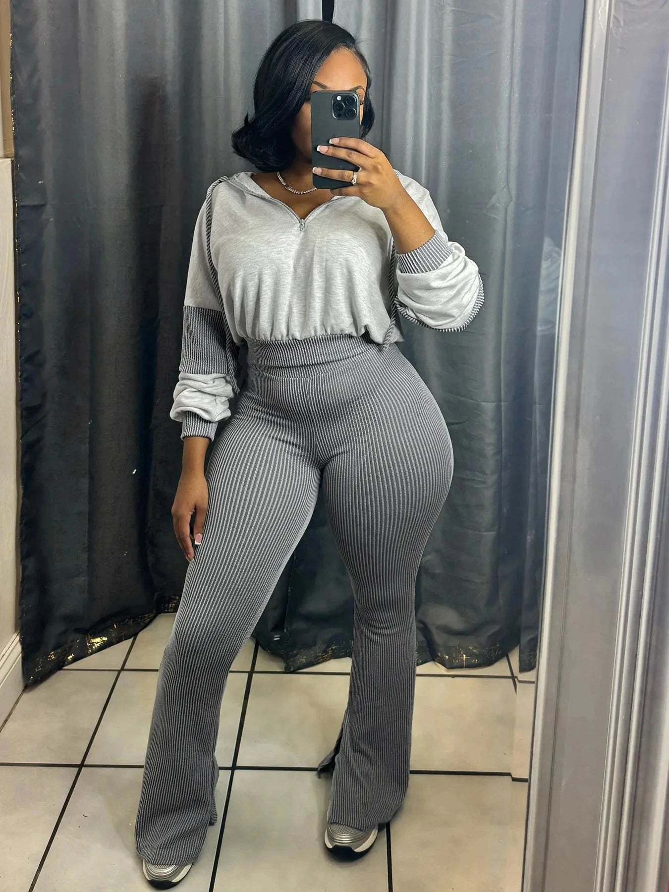Gray / XXL FAGADOER Casual Ribbed 2 Piece Sets Woman Outfit Long Sleeve Hooded Patchwork Sweatshirts Tops and Flare Pants Jogger Tracksuit