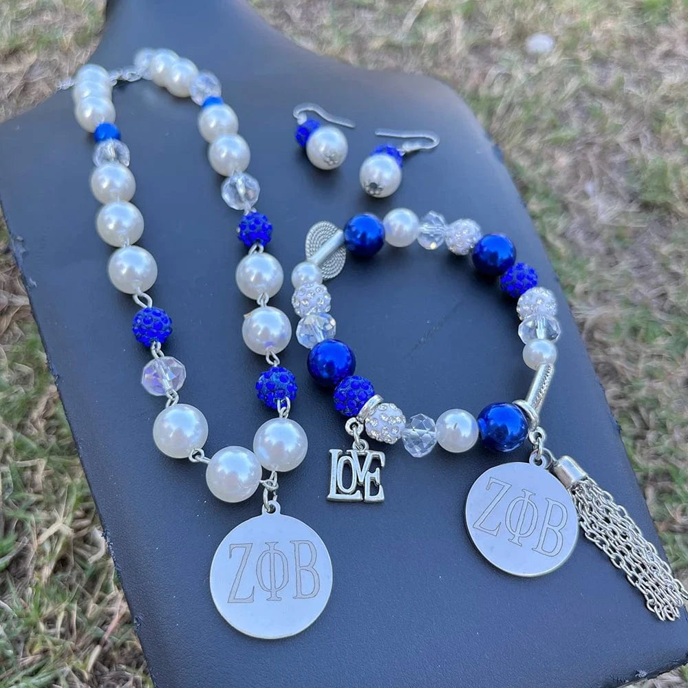 Greek Logo Sorority Sigma Gamma Rho yellow blue pearl SGR Stainless Steel Necklace Bracelet Earrings Set