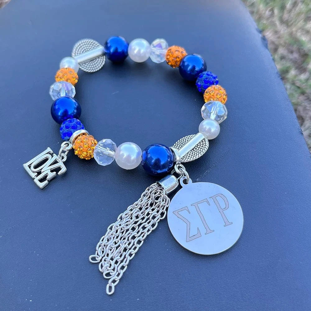 Greek Logo Sorority Sigma Gamma Rho yellow blue pearl SGR Stainless Steel Necklace Bracelet Earrings Set