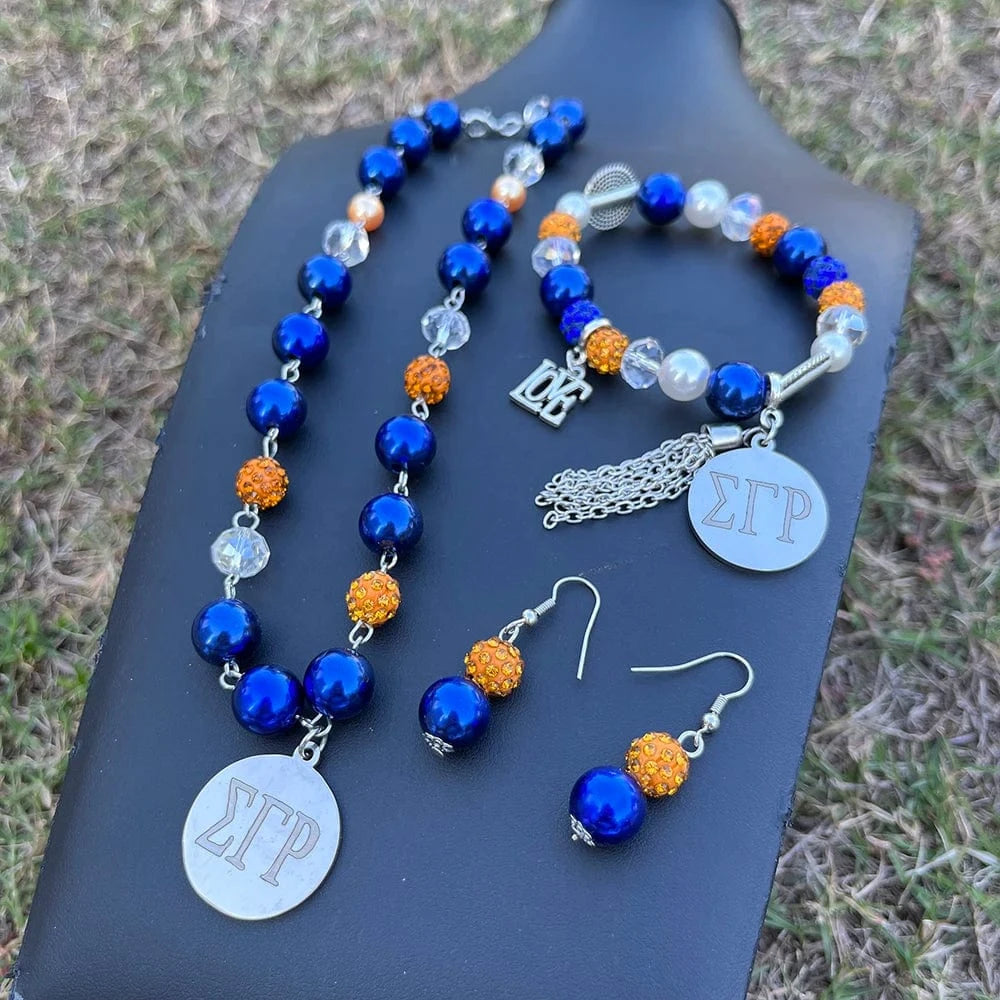 Greek Logo Sorority Sigma Gamma Rho yellow blue pearl SGR Stainless Steel Necklace Bracelet Earrings Set