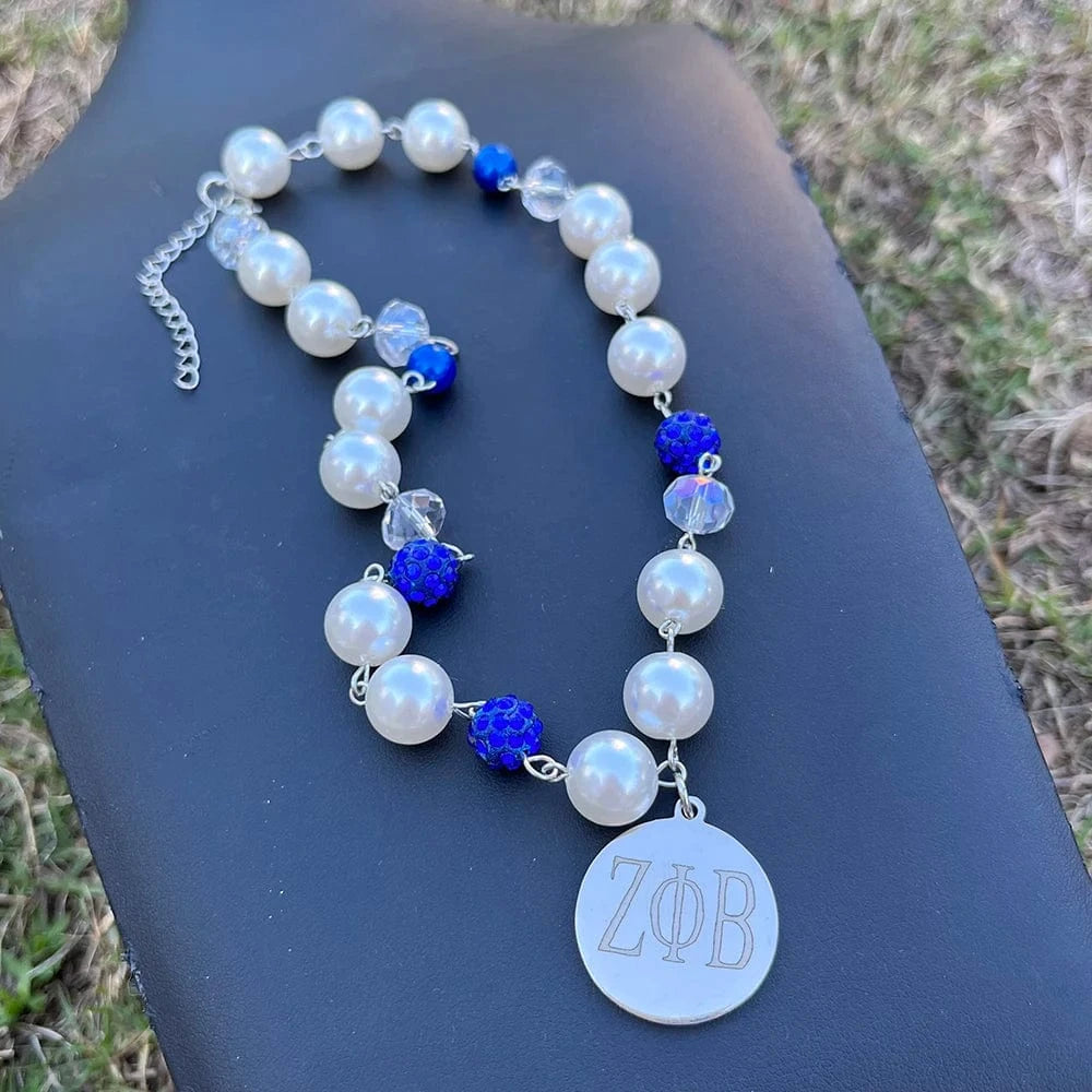 Greek Logo Sorority Zeta Phi Beta white blue pearl ZOB Stainless Steel Necklace Bracelet Earrings Set