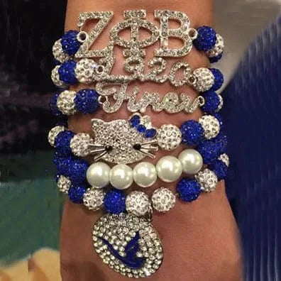 Greek Organizations Rhinestone Bracelets Blue White Zeta Phi Beta Shield Sorority Stretchy Bling Bracelet W  Lobster Clasp