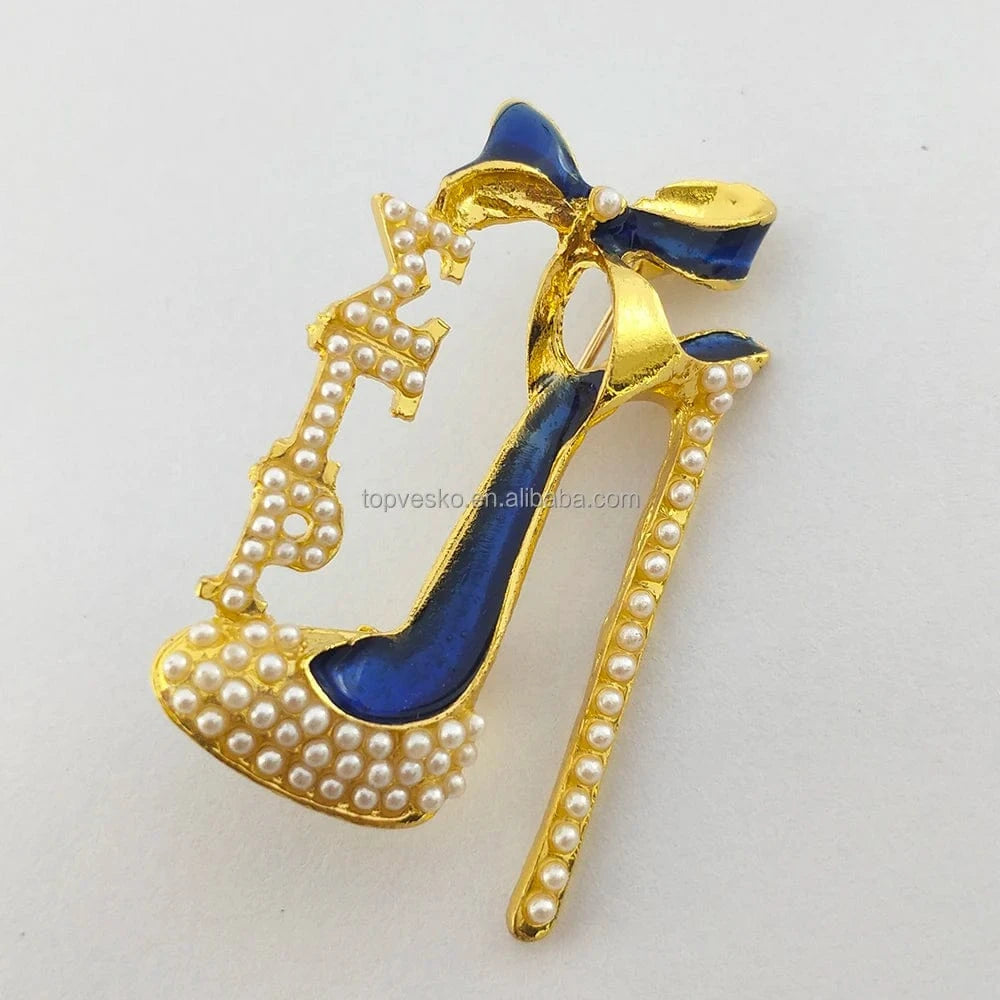 Greek Sorority Letter SGR Brooches Yellow and Blue Rhinestone Pearl High Heel Shoes Women Brooch Pin Fashion Jewelry Gift