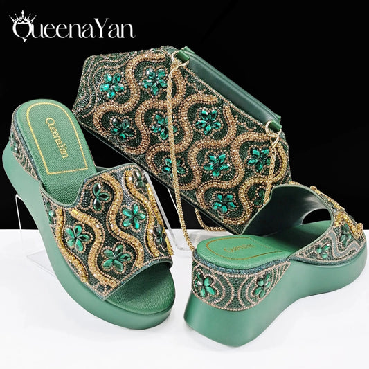 Green / 38 / CHINA Queena Yan High Quality 2025 Newst Hot Selling Open Toe Slingback Sandals with Bag Set in Green Color For Women Wedding Party