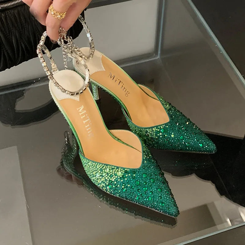 green / 38 Fashion Luxury Rhinestones Ladies High Heels Shoes Bling Female Pointed Toe Footwear Ankle Buckle Women Thin Heels Shoes Pumps