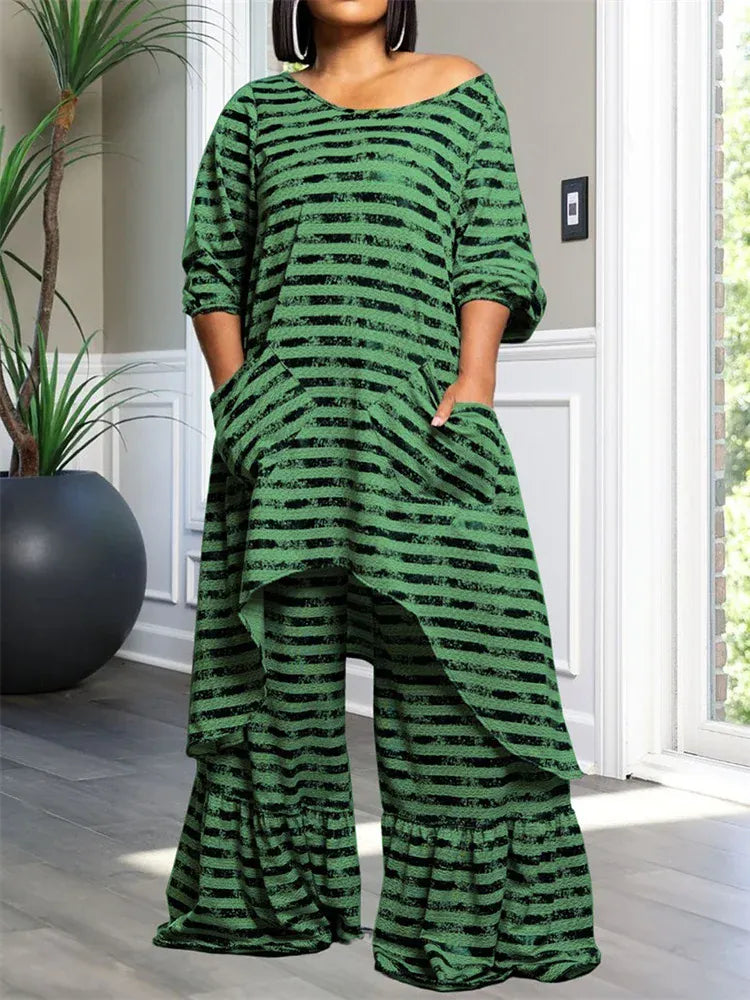green / 3XL Wmstar Plus Size Two Piece Women Clothing Long Sleeve Long Top and Pants Sets Striped Matching Set Wholesale Dropshopping 2024