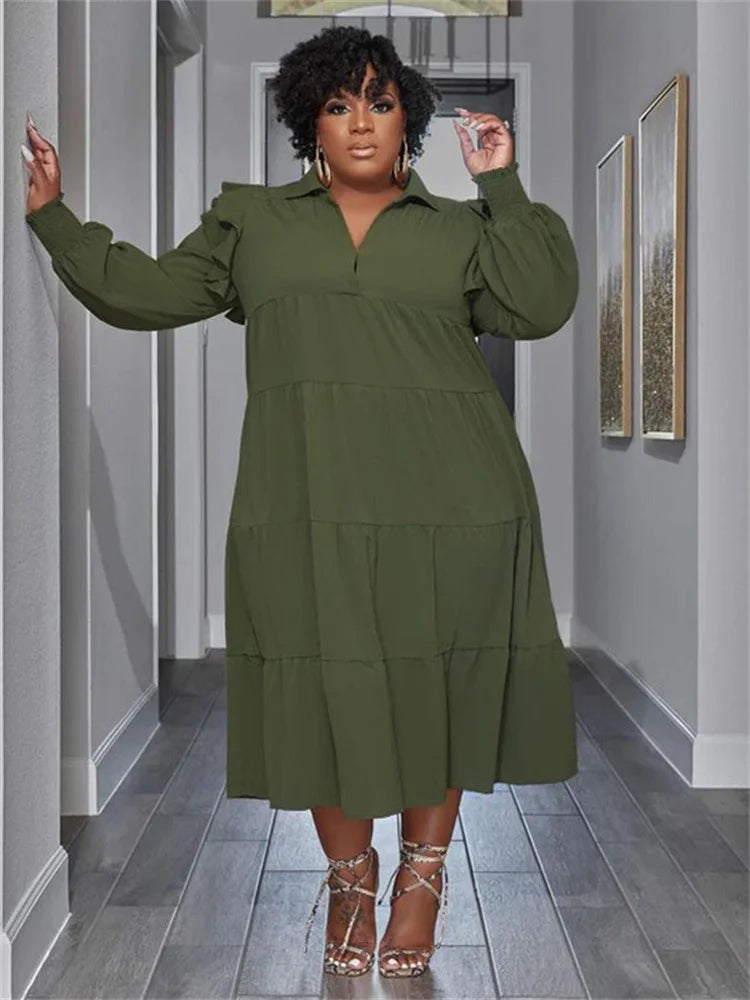 green / 4XL Wmstar Plus Size Women Clothing Dresses Women Petals Long Sleeve Loose Solid Elegant Maxi Shirts Dress Wholesale Dropshipping