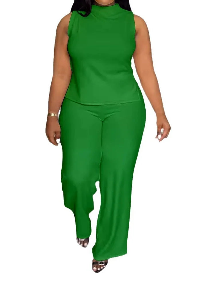 green / 4XL Wmstar Women Two Piece Set Plus Size 3XL 4XL Summer Casual Fashionable Print Sleeveless Shirt Suit Wide Leg Pants Female Outfits