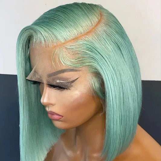 Green Blue Color Short Bob Cuticle Aligned Virgin Human Hair Transparent Lace Front Wigs
