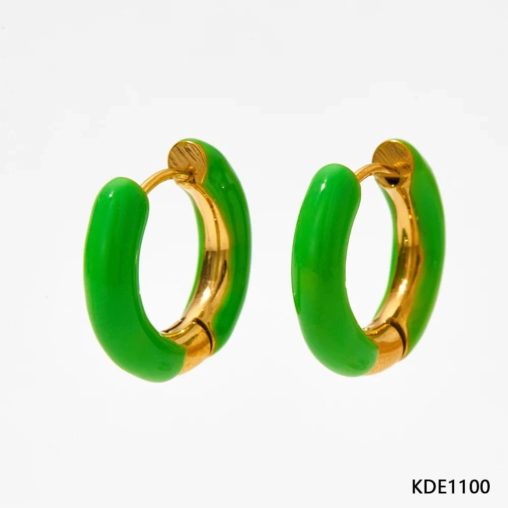 Green(D1100) Wholesale Colorful Enamel Huggie Earrings Hypoallergenic Circle Ear Cuff Gold Plated Stainless Steel Enamel Hoop Earrings