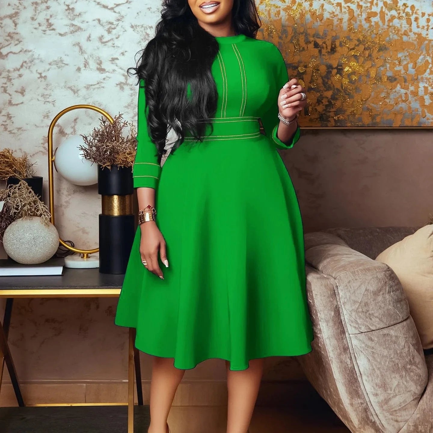 Green Dress / XL Elegant Party Dresses for Women 2024 Luxury O Neck Three Quarter Sleeve High Waisted Pleated A Line Mid Calf Birthday Dress Robe