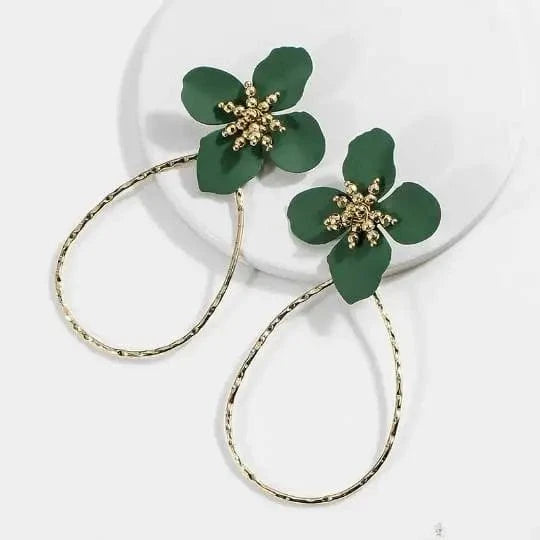 Green E9002 enamel drop 2 flower wire earring Hawaiian gold jewelry wholesale earring set stud hoop earring 14k gold for woman girl