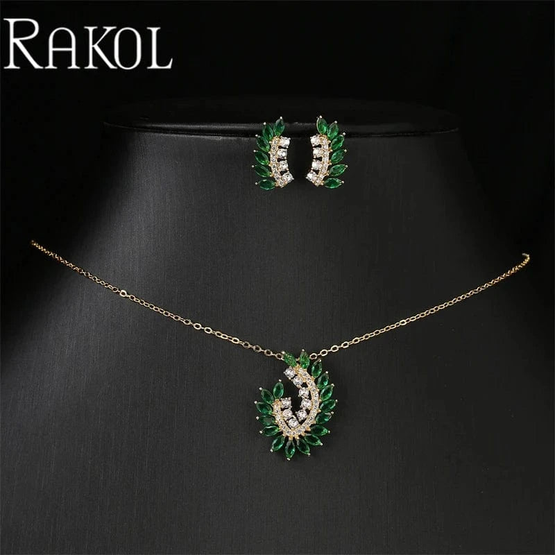 green emerald RAKOL SP3517 Fashion 18k Gold Plated Wedding Pendant Bridal Flower Leaf Design Necklace Earrings Jewelry Sets For Women