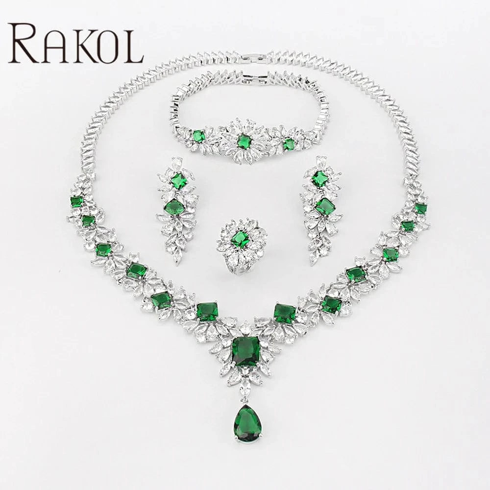 green emerald RAKOL ZPS184 Women luxury flower emerald cubic zirconia fashion jewelry sets dubai sterling silver plated wedding jewelry sets