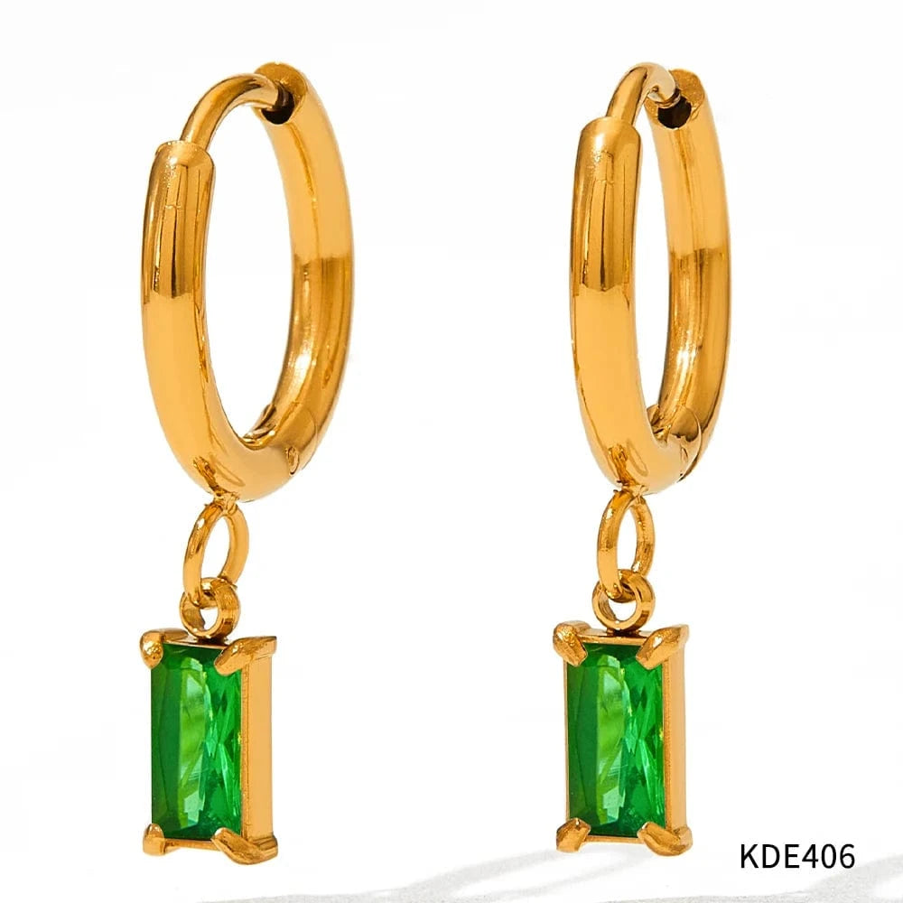Green Exquisite PVD Plated Stainless Steel Rectangle Zircon Drop Earrings Bling Crystal Rectangle Earring For Women