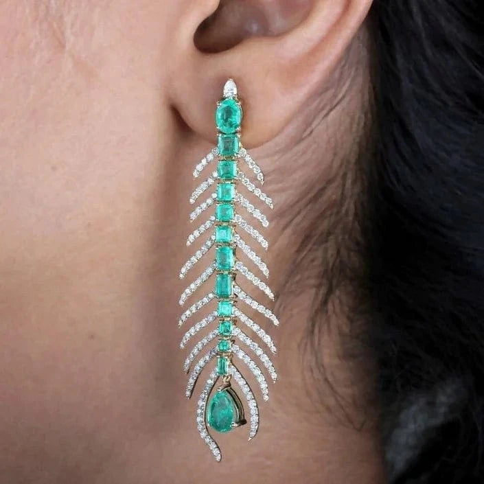 Green Feather Gemstone Stud Earrings 925 Sterling Silver Emerald Cut Cubic Zirconia Fine Jewelry