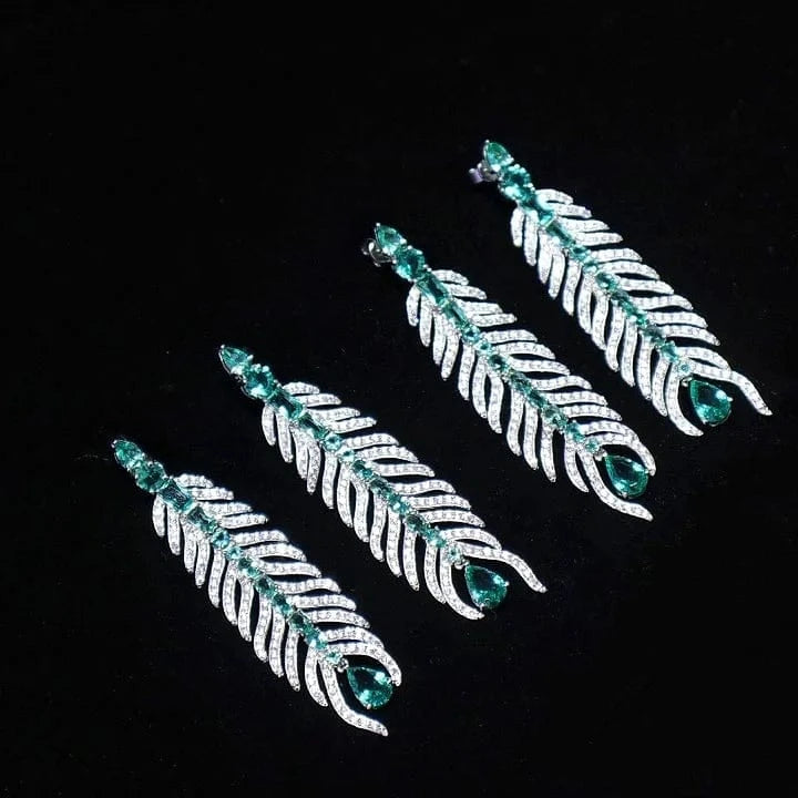 Green Feather Gemstone Stud Earrings 925 Sterling Silver Emerald Cut Cubic Zirconia Fine Jewelry