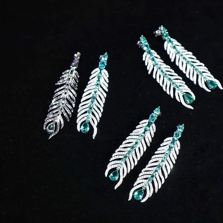 Green Feather Gemstone Stud Earrings 925 Sterling Silver Emerald Cut Cubic Zirconia Fine Jewelry