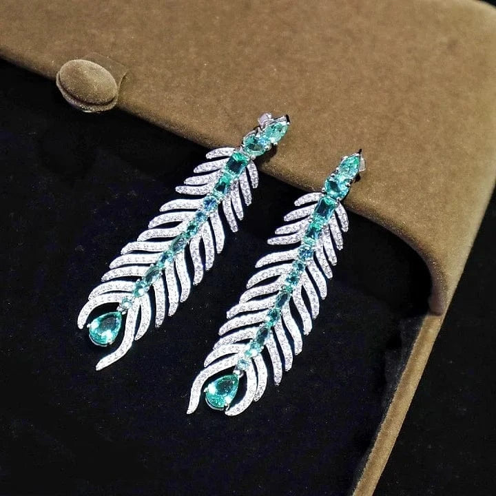 Green Feather Gemstone Stud Earrings 925 Sterling Silver Emerald Cut Cubic Zirconia Fine Jewelry