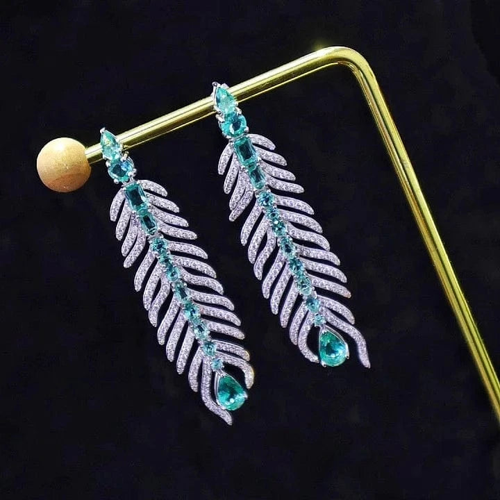 Green Feather Gemstone Stud Earrings 925 Sterling Silver Emerald Cut Cubic Zirconia Fine Jewelry