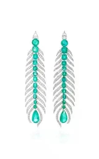 Green Feather Gemstone Stud Earrings 925 Sterling Silver Emerald Cut Cubic Zirconia Fine Jewelry