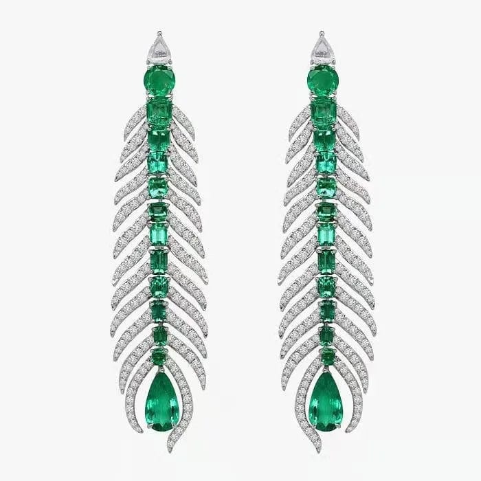 Green Feather Gemstone Stud Earrings 925 Sterling Silver Emerald Cut Cubic Zirconia Fine Jewelry