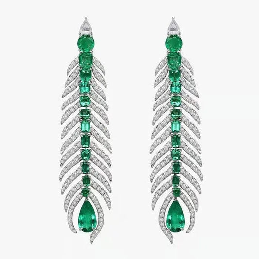 Green Feather Gemstone Stud Earrings 925 Sterling Silver Emerald Cut Cubic Zirconia Fine Jewelry