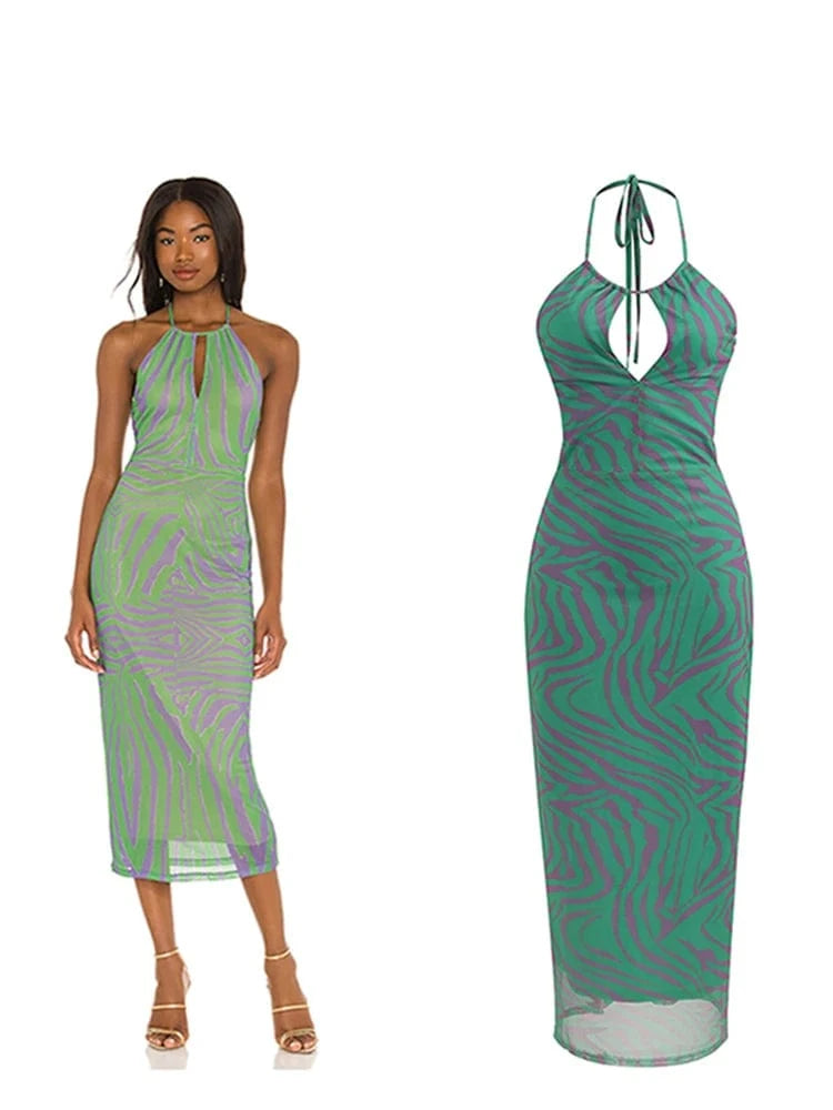 Green Floral Print / M / CHINA Polynesian Summer Fashion Style Women's Slip Chest Wrap Vintage Print Design Backless Hollow Out Elegant Sleeveless Dress