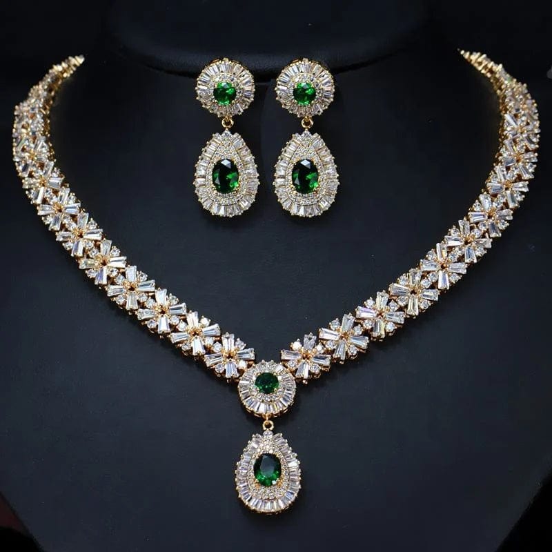 green+gold RAKOL SP232 American Style Popular Honorable Jewelry Full Inlay Crystal Zircon Water Shape Pendant Wedding Bridal Jewelry Set