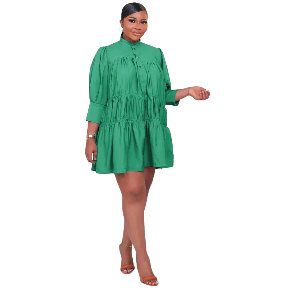Green / L Wmstar Elegant Women Summer Solid Color Short Dress Fashion Long Sleeve High Neck High Waist Clothes Party Casual Mini Dresses