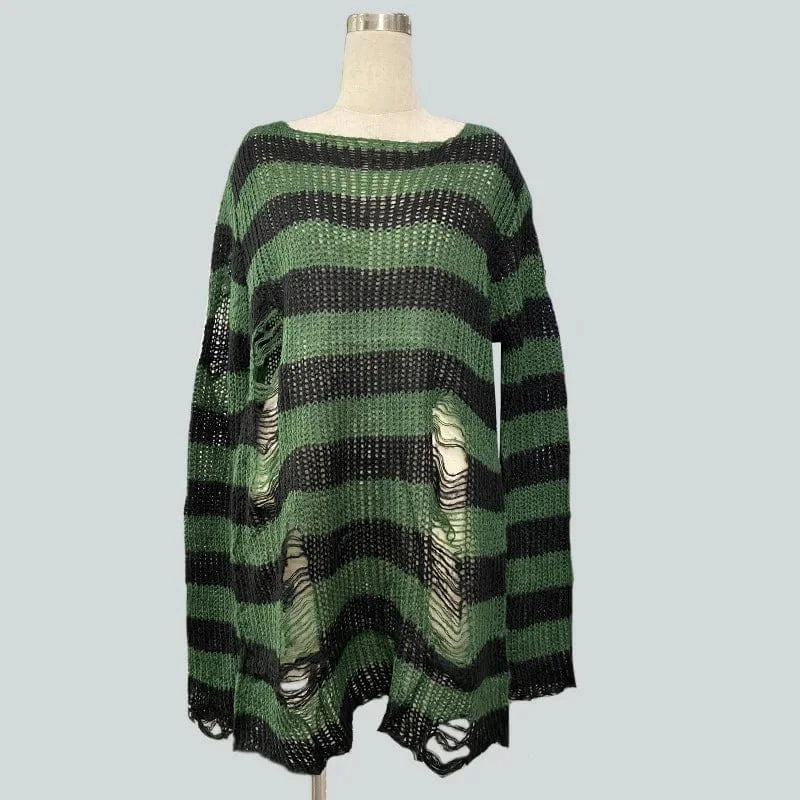 Green / One Size 90s Goth Punk Women Street Fashion Stripe Loose Gothic Knitted Ripped Distressed Design Jumper Oversized Pullovers Top Sweater