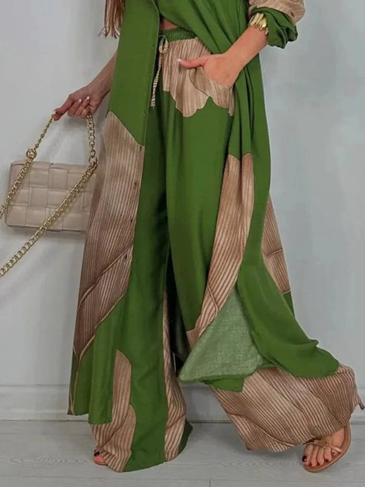 Green Pants / M Beautyblue Elegant Women's Pants Floral Printed Trousers Casual Loose Contrast Color Drawstring Elasticity Wide Leg Pants Female