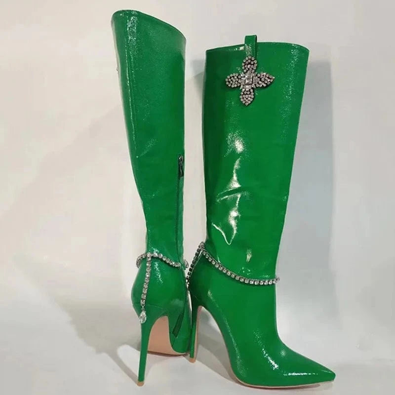 Green Patent Stiletto Style High Slim Heels Shoes Women Pointed Toe Bling Rhinestone Long Booty  Diamonds Flower Knee High Boots