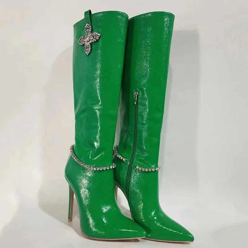 Green Patent Stiletto Style High Slim Heels Shoes Women Pointed Toe Bling Rhinestone Long Booty  Diamonds Flower Knee High Boots