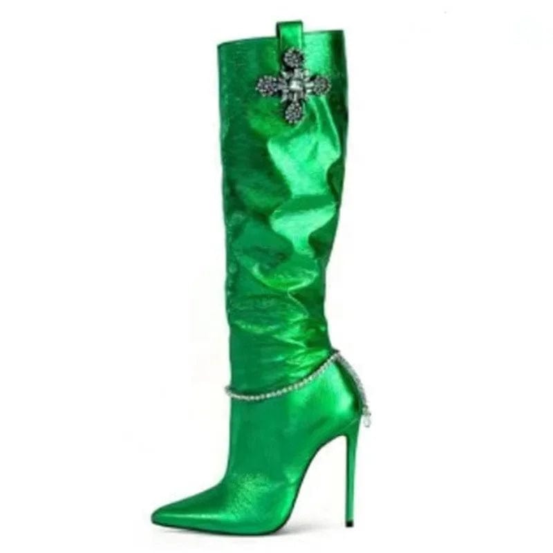 Green Patent Stiletto Style High Slim Heels Shoes Women Pointed Toe Bling Rhinestone Long Booty  Diamonds Flower Knee High Boots