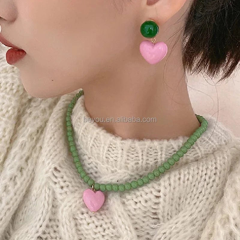 Green Pearl Pink Heart Double Necklace Set Light Luxury High-end Design Niche Clavicle Chain Trendy Decorative Necklace Jewelry