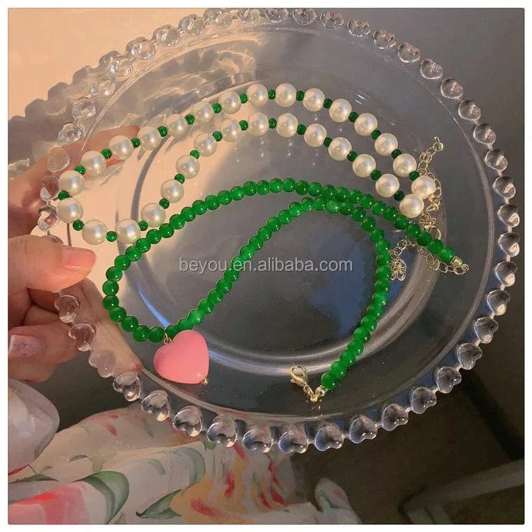 Green Pearl Pink Heart Double Necklace Set Light Luxury High-end Design Niche Clavicle Chain Trendy Decorative Necklace Jewelry