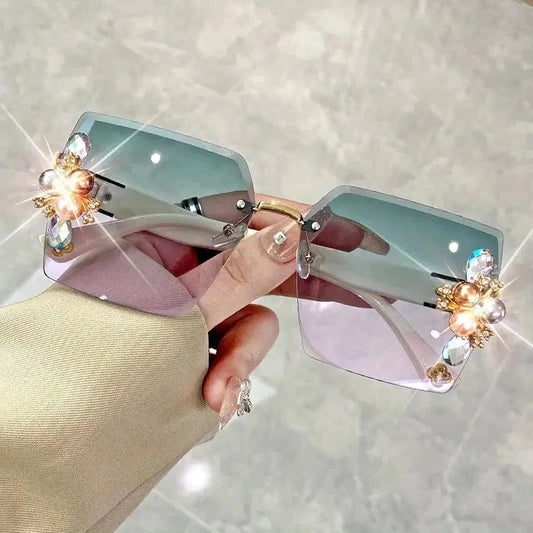 Green pink Rhinestone Decor Fashion Fashion Glasses For Women Men Casual Gradient Rimless Glasses For Summer Beach Rave Party