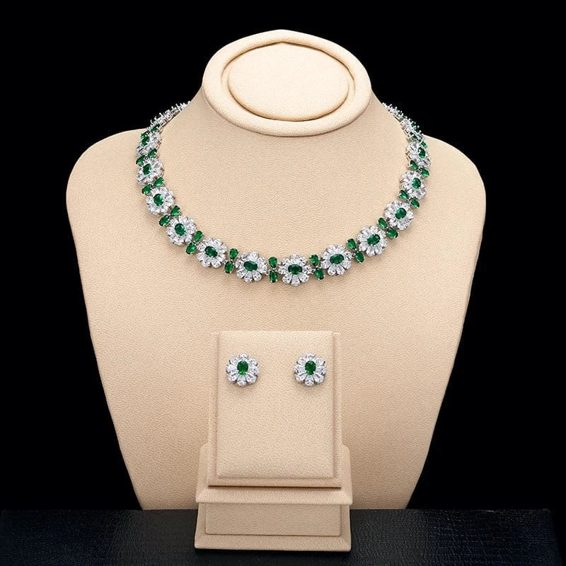 green RAKOL SP240 Luxury women color zirconia  blue  Flower Necklace Earrings jewelry Sets 18k gold plated  bridal jewelry Set