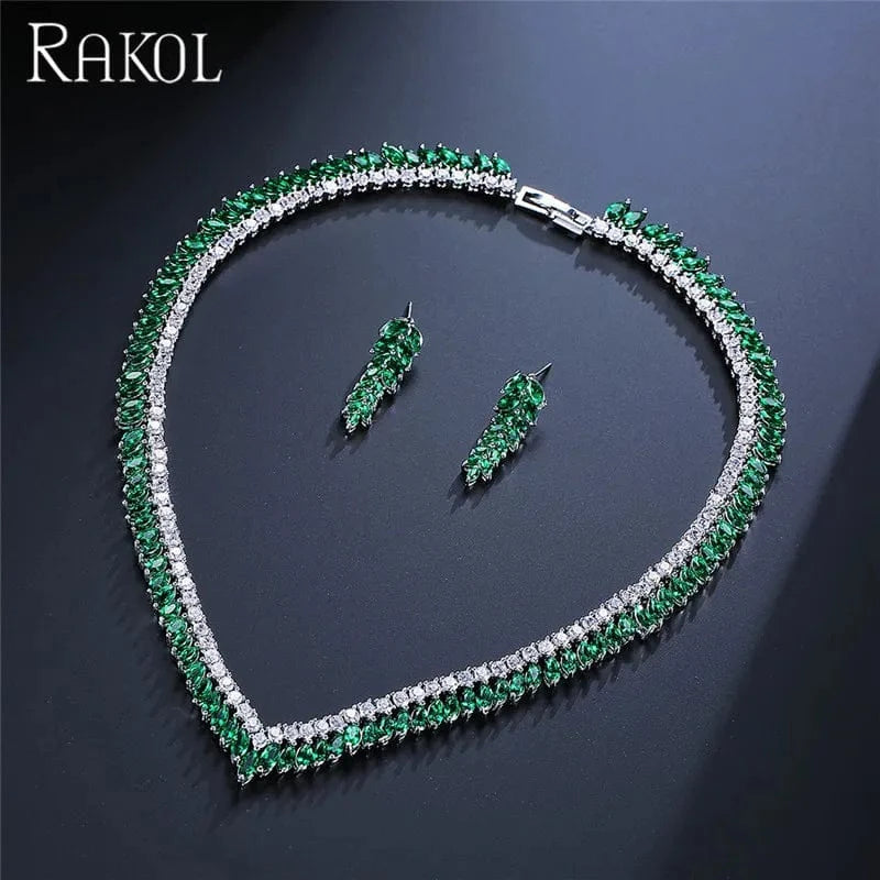 green RAKOL SP258 Cute Girl Decoration Full CZ Crystal zircon Wheat Leaf Shape Earring Necklace Jewelry Set
