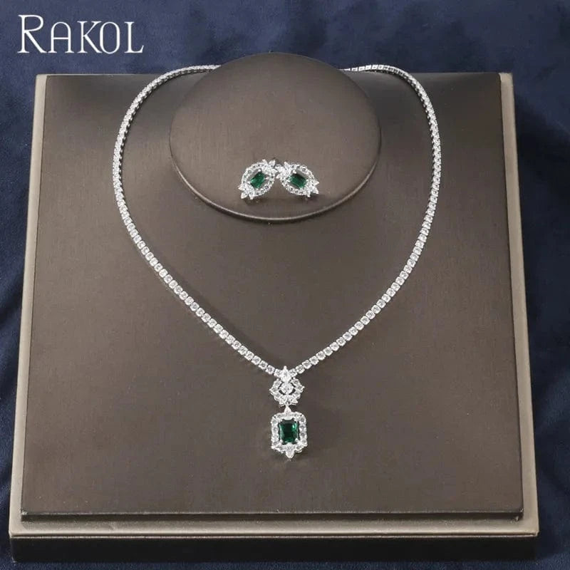 Green RAKOL SP462 minimalist cubic zirconia jewelry sets necklace zirconia necklace diy custom necklace jewelry